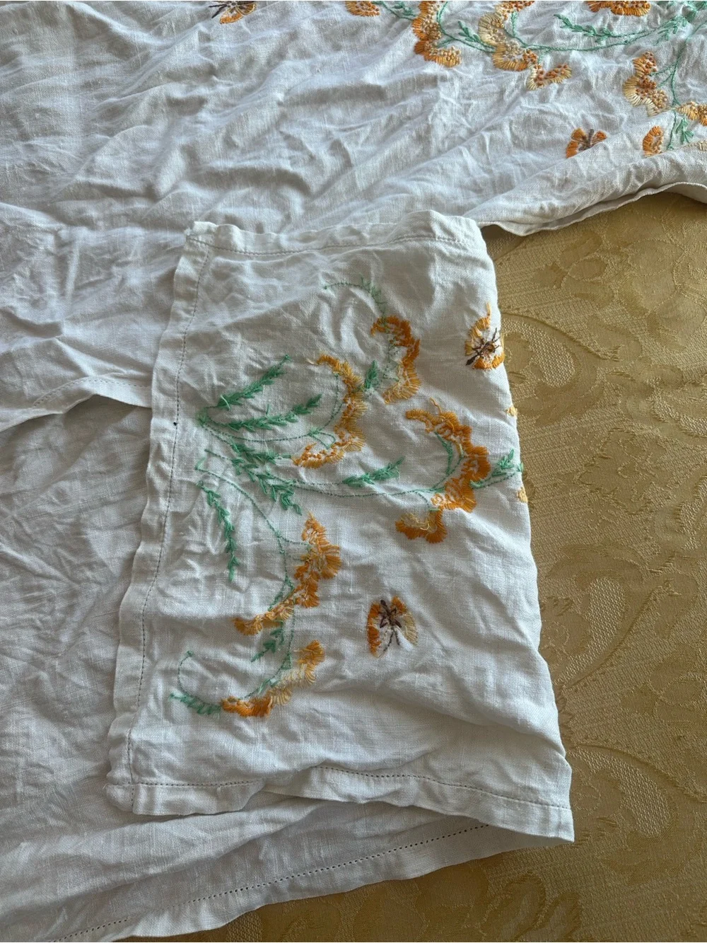 White Embroidered Floral Linen Table Runner Pair- Yellow & Green Detail